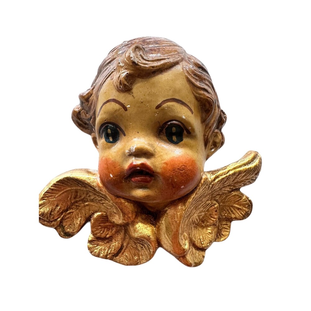 Vintage Italian Cherub Small Wall Plaques Set of 2 Gold Chalkware Putti Angels - Picture 2 of 7